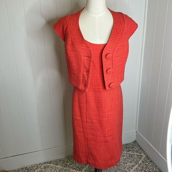 Ellen Tracy Women Size 6 Two Piece Tank Dress & Jacket Red Button Front Textured - Picture 5 of 16